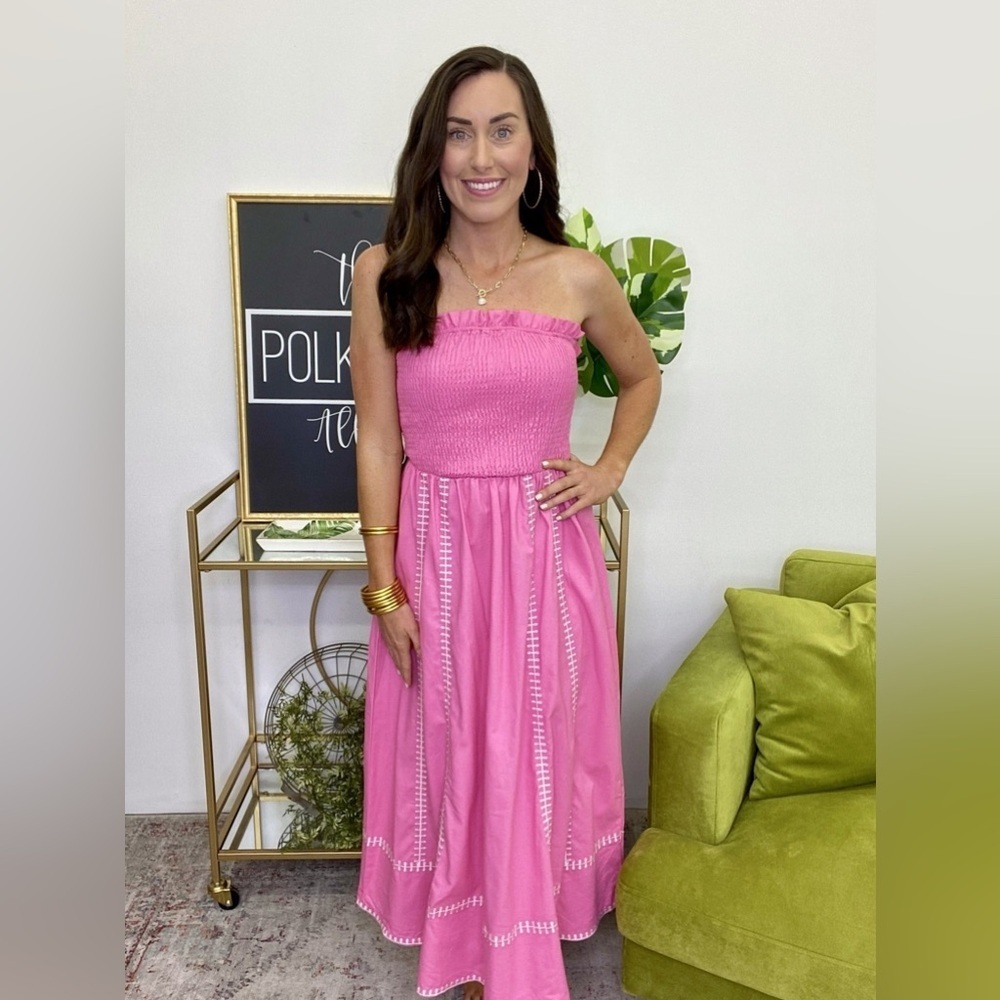 Strut & Bolt Pink Smocked Strapless Midi Dress Size S